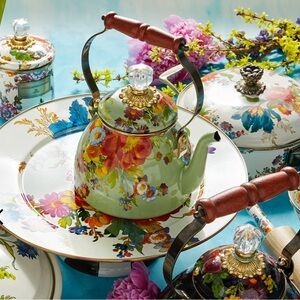 Mackenzie-Childs Green Enamel Flower Market Tea Kettle